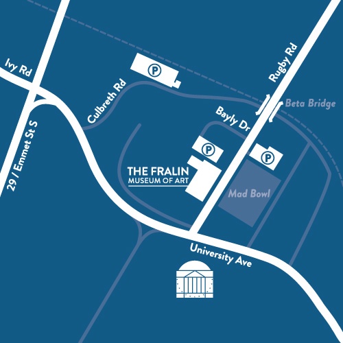 map showing that The Fralin buiding is on Rugby rd near the intersection of University Avenue, across from Mad Bowl
