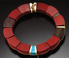 Bracelet made from made from Red Jasper, Rainbow Jasper, Sleeping Beauty Turquoise, and 18K Yellow Gold.