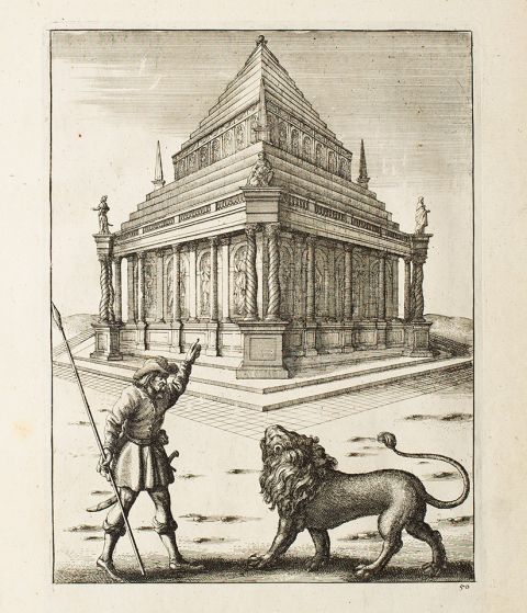 Sketch of Man holding a spear in his right hand while left hand points up. A Lion stands in front of him.